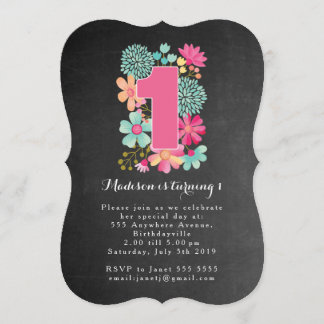 Chalkboard Girls Floral 1. Geburtstag Party Einlad Einladung