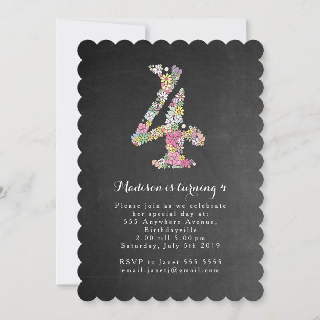 Chalkboard Girls Floral 4e anniversaire Invitation (Devant)