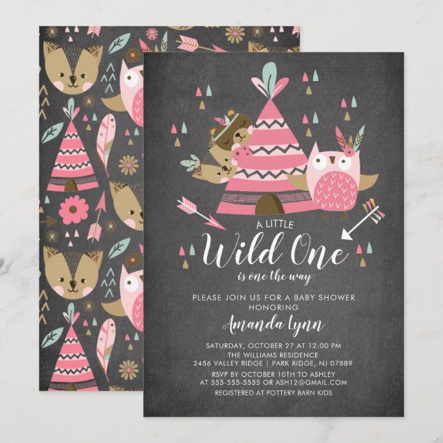 Chalkboard Girls Wild One Baby Shower Einladung (Vorne/Hinten)