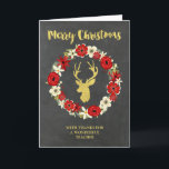 Chalkboard Gold Death Wreath Weihnachtslehrer Feiertagskarte<br><div class="desc">Frohe Weihnachten für den Lehrer Grußkarte mit rustikalem Kalkboard Muster,  rot-weiß Vintagen Blumenkranz und Goldhirsch mit Geweih.</div>