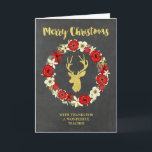 Chalkboard Gold Death Wreath Weihnachtslehrer Feiertagskarte<br><div class="desc">Frohe Weihnachten für den Lehrer Grußkarte mit rustikalem Kalkboard Muster,  rot-weiß Vintagen Blumenkranz und Goldhirsch mit Geweih.</div>