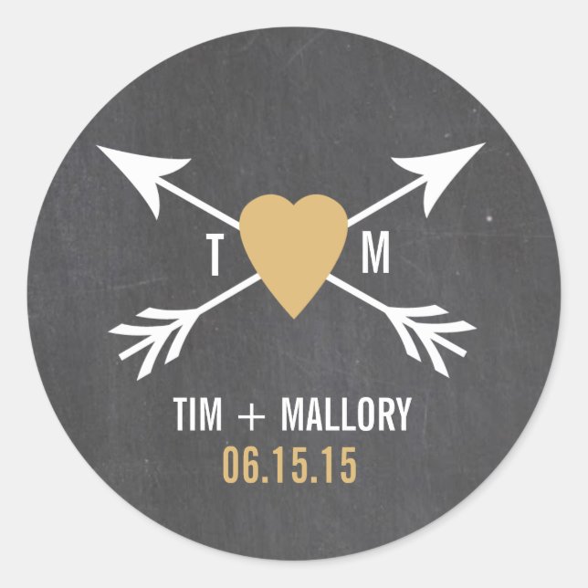 Chalkboard Gold Heart + Pfeil | Hochzeitskleber Runder Aufkleber (Vorderseite)