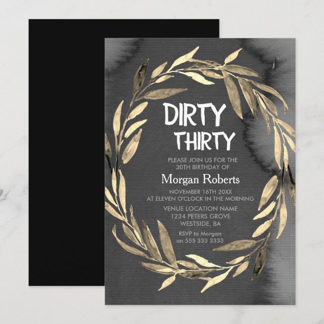 Chalkboard Gold Leaf Wreath 30. Geburtstag Party Einladung (Vorne/Hinten)