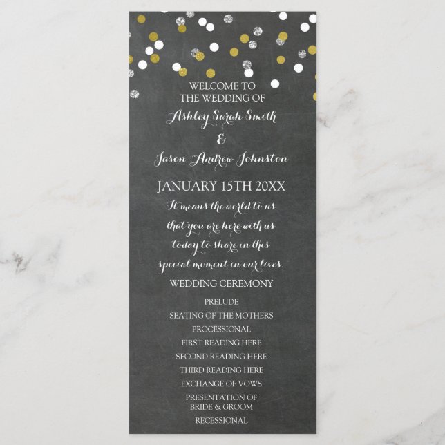 Chalkboard Gold Silver Confetti Wedding Programme (Devant)
