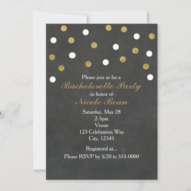 Chalkboard Gold & White Confetti Celebration Party Einladung (Vorderseite)