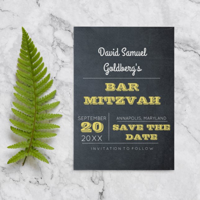 Chalkboard Golden Bar Mitzvah Save the Date Ankündigungspostkarte (Von Creator hochgeladen)
