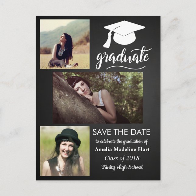 Chalkboard Graduate | Save the Date drei Foto Ankündigungspostkarte (Vorderseite)