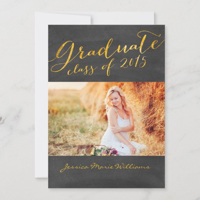 Chalkboard Graduation Party | Goldfolie Einladung (Vorderseite)