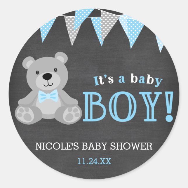 Chalkboard Gray Teddy Bear Boy Baby Dusche Runder Aufkleber (Vorderseite)