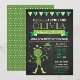 Chalkboard Green Alien Birthday Party Einladung