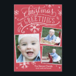 Chalkboard Greetings Collection Einladung<br><div class="desc">Diese 3-Foto-Urlaubskarte bietet handgeschriebene und kalligraphische Kunstwerke auf festlich rotem Hintergrund mit Schneeflocken.</div>