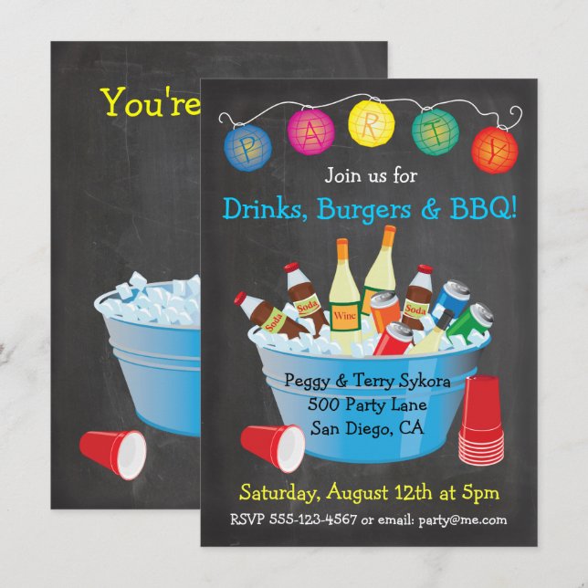 Chalkboard GRILLEN Party Drinks Einladungen (Vorne/Hinten)