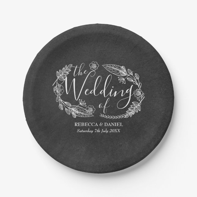 Chalkboard Hand gezeichnet Blumengartenhochzeit Pappteller (Vorderseite)