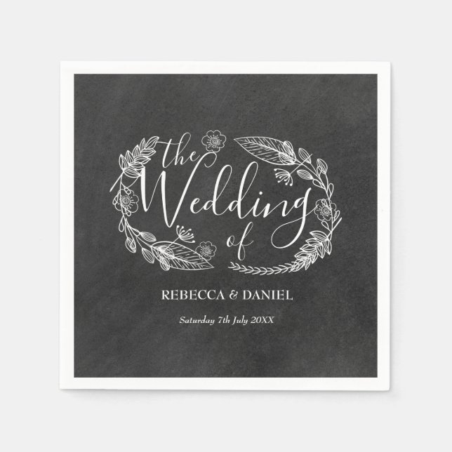 Chalkboard Hand gezeichnet Blumengartenhochzeit Serviette (Vorderseite)