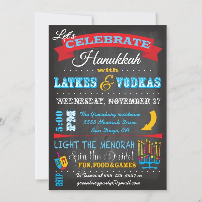 Chalkboard Hanukkah Latkes & Vodkas Einladungen (Vorderseite)