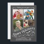 Chalkboard Happy Holidays 4-Foto-Flachbildschirm Feiertagskarte<br><div class="desc">Mattierte Fensterscheibe Weihnachtsfeiertag flache Grußkarten mit vier Fotorahmen. Frische und festliche Retroklatsche auf schwarz-grauem Hintergrund mit extravaganten heiligen Schriftrollen und eleganter rustikaler typografischer Schrift. Klicken Sie auf Anpassen, um den Innenrahmen für unterschiedliche Fotos oder ungerade Formen anzupassen. Fügen Sie Ihre Lieblings-Ferien Familie Fotos und passen Sie den Text an. Moderne...</div>