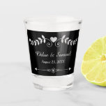 Chalkboard Heart Wedding Celebration Shot Glass Schnapsglas<br><div class="desc">This vintage looking wedding celebration shot glass has a pretty silver heart and leaf scroll design at the top,  with your custom text in two fields below it. At the bottom is another decorative design with two opposing arrows.</div>