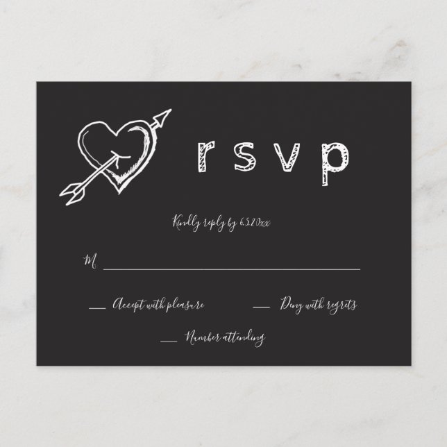 Chalkboard Herz rustikale Hochzeit rsvp Postkarten (Vorderseite)