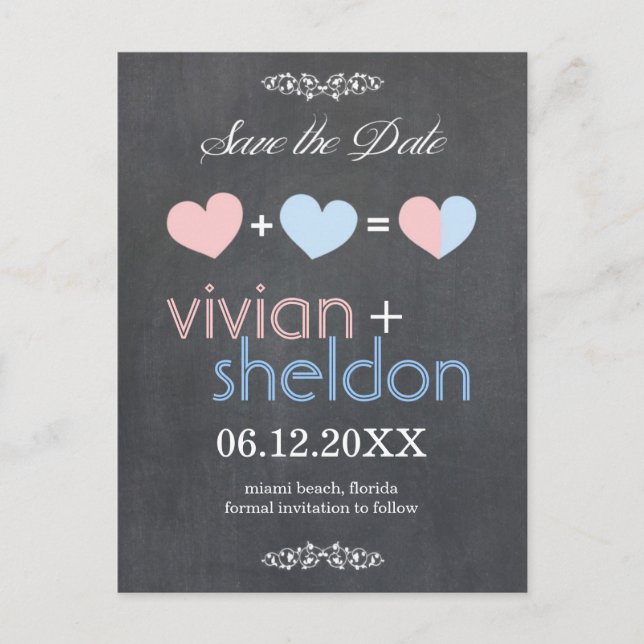 Chalkboard-Herzen Hochzeiten speichern das Datum Ankündigungspostkarte (Vorderseite)