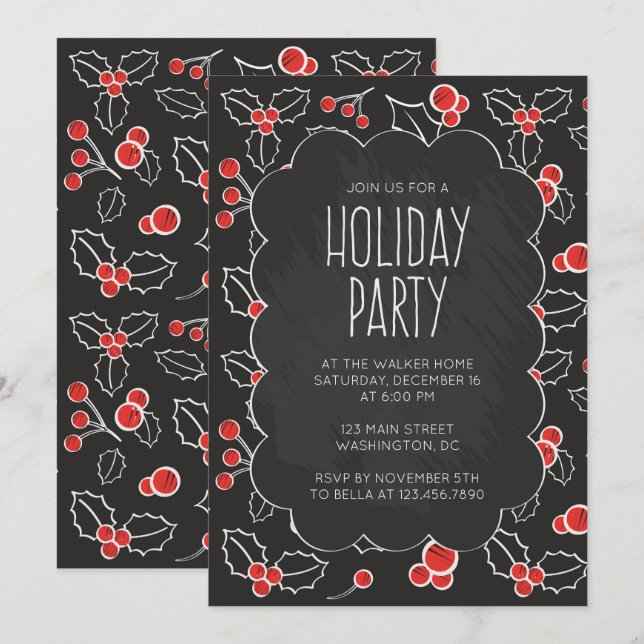 Chalkboard Holly Berries Fête Invitation (Devant / Derrière)