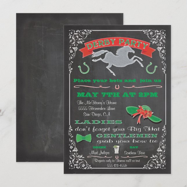 Chalkboard Horse Racing Derby Party Einladung (Vorne/Hinten)