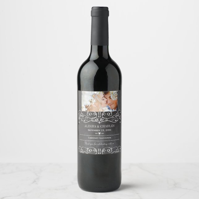 Chalkboard Ihr Foto Datum Name Hochzeitweilig Wein Weinetikett (Vorderseite)