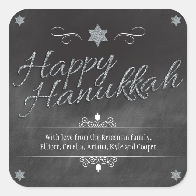 Chalkboard-Imitate Silver Glitzer Hanukkah Quadratischer Aufkleber (Vorderseite)