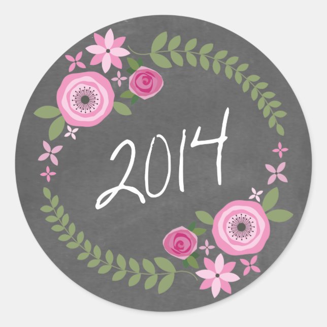 Chalkboard Inspiriert Rosa Blumenreath 2014 Grad Runder Aufkleber (Vorderseite)