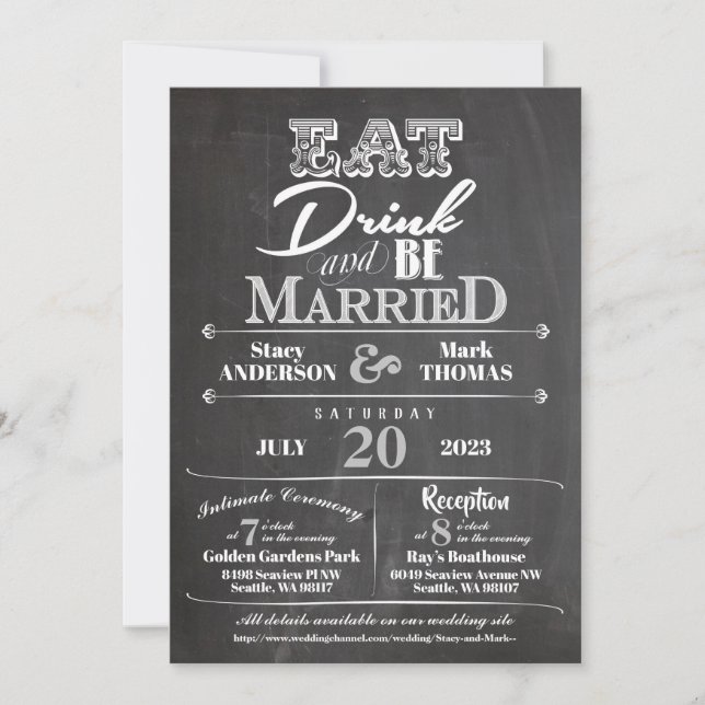 Chalkboard isst Drink und sei Verheiratet Hochzeit Einladung (Vorderseite)