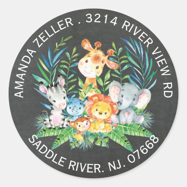Chalkboard Jungle Animal Baby Dusche Etikett Runder Aufkleber (Vorderseite)