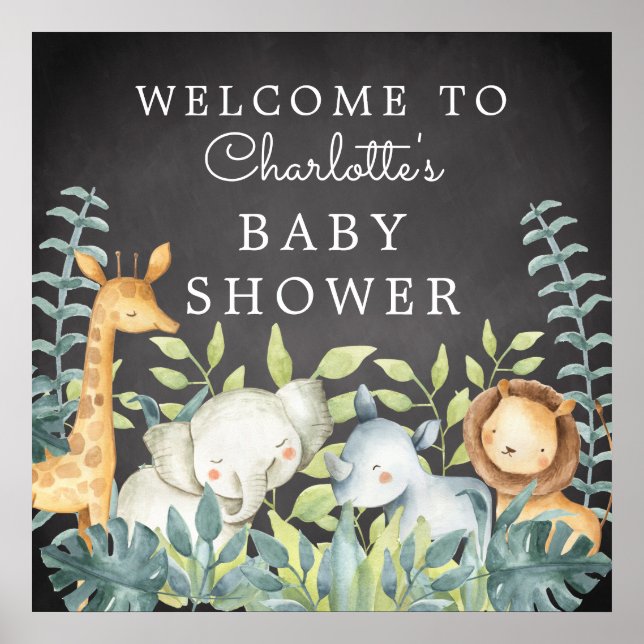 Chalkboard Jungle Animals Baby Dusche Willkommen Poster (Vorne)