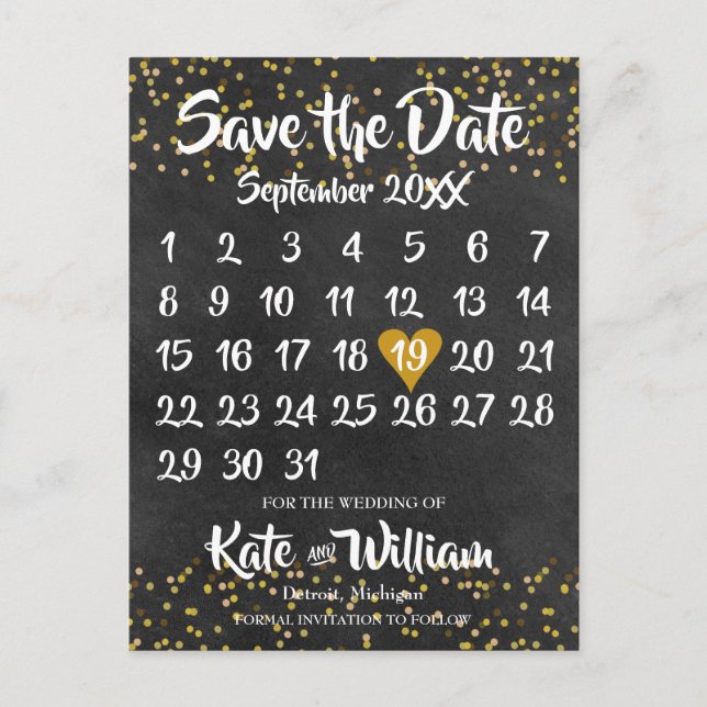 Chalkboard Kalender Save the Date Foto Goldstaub Ankündigungspostkarte (Vorderseite)