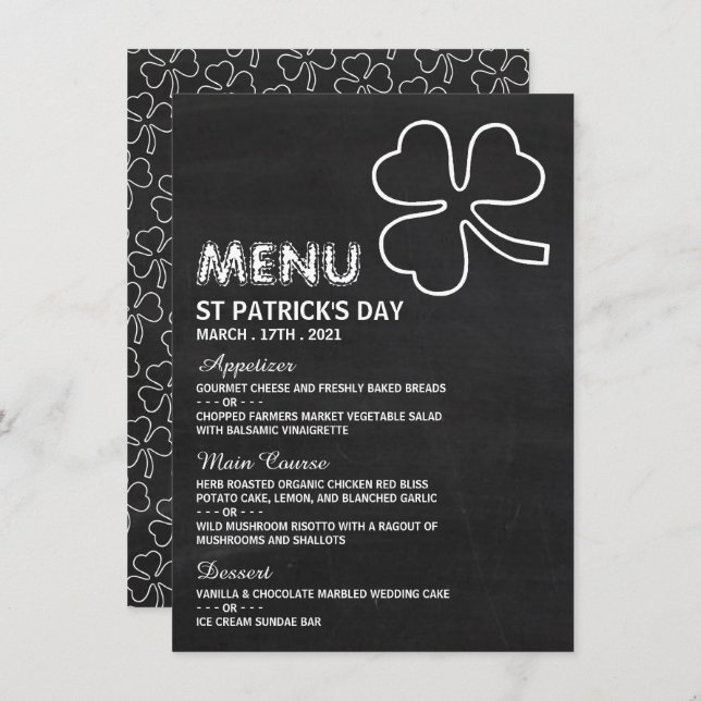 Chalkboard-Kleeblatt, St Patrick's Day Menu Card Einladung (Vorne/Hinten)