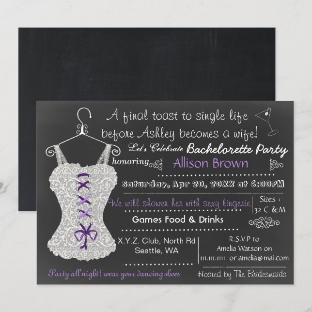 Chalkboard Lace Lingerie Dusche Bachelorette Einladung (Vorne/Hinten)