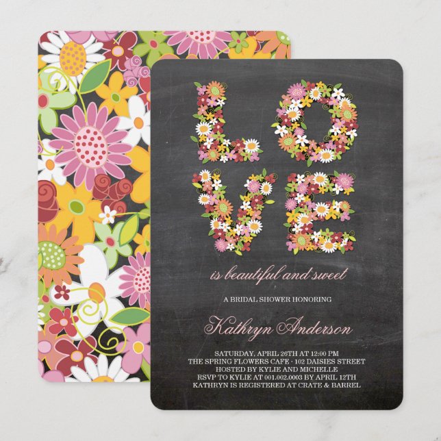Chalkboard LIEBE Blume Bloom Brautparty Einladung (Vorne/Hinten)