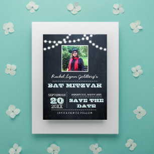 Chalkboard Lights Aqua Bat Mitzvah Foto Rett Datum Ankündigungspostkarte