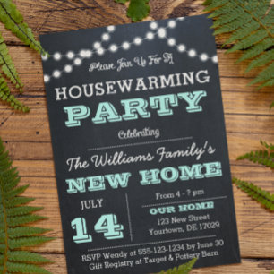 Chalkboard Lights Aqua Housewärming Einladungen