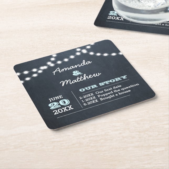 Chalkboard Lights Aqua Personalisierte Hochzeit Rechteckiger Pappuntersetzer (angewinkelt)