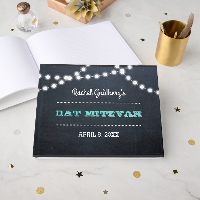 Chalkboard Lights Aquamarin Bat Mitzvah Gästebuch (Vorderseite Offen)