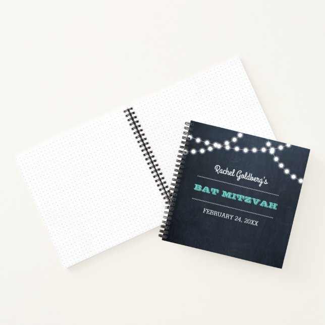 Chalkboard Lights Aquamarin Bat Mitzvah Gästebuch Notizbuch (Innenseite)