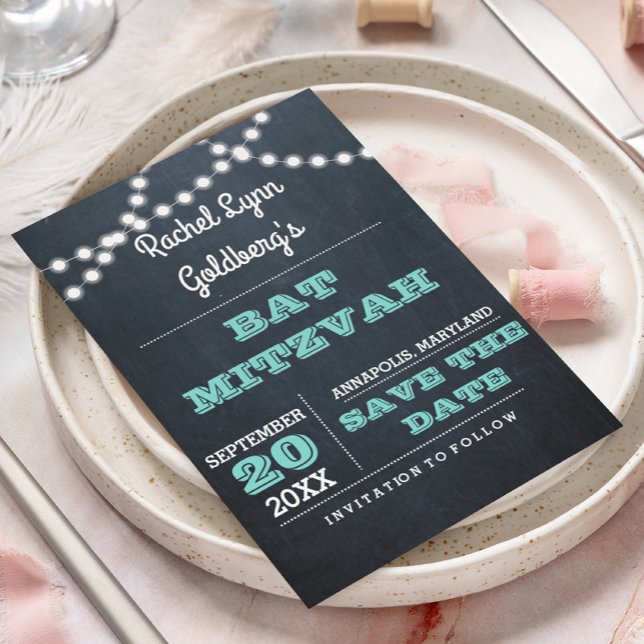 Chalkboard Lights Aquamarin Bat Mitzvah Save the D Magnetkarte (Von Creator hochgeladen)