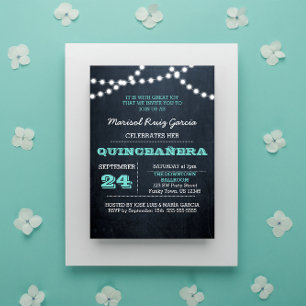 Chalkboard Lights Aquamarin Quinceañera Einladung