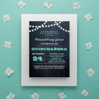 Chalkboard Lights Aquamarin Quinceañera Einladung