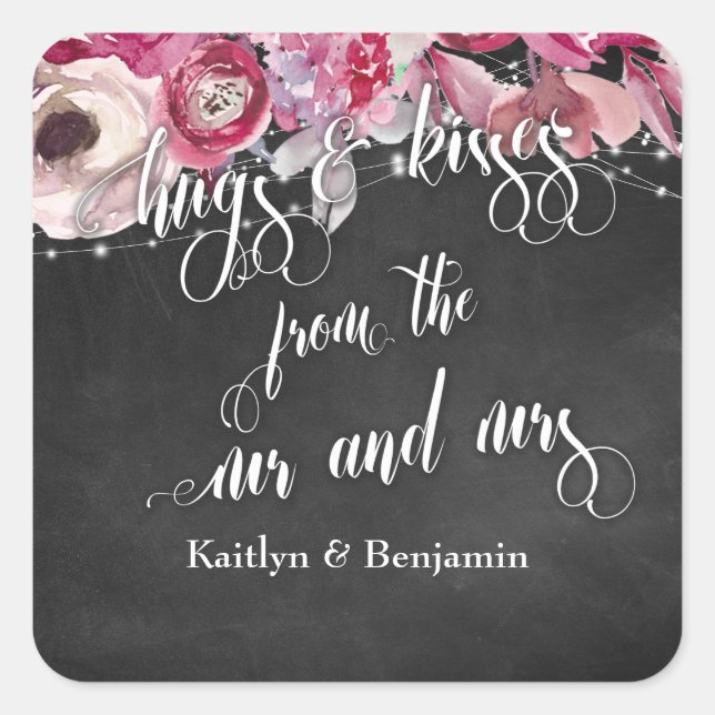 Chalkboard Lights Blume Hugs & Kisses von uns Quadratischer Aufkleber (Vorderseite)