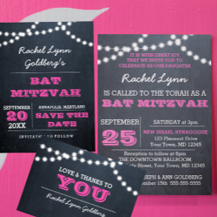 Chalkboard Lights Dark Pink Bat Mitzvah Einladung