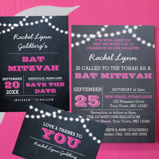 Chalkboard Lights Dark Pink Bat Mitzvah Einladung (Von Creator hochgeladen)