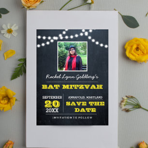 Chalkboard Lights Gold Bat Mitzvah Foto Rett Ankündigungspostkarte
