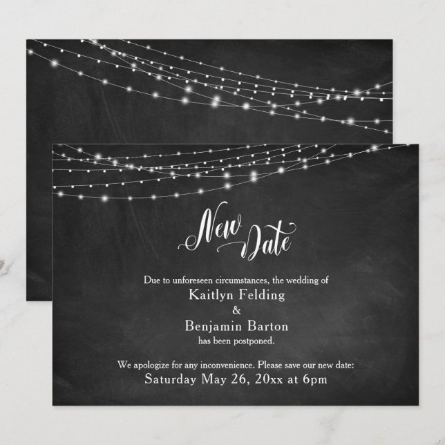 Chalkboard & Lights Hochzeit verschoben "New Date" Einladung (Vorne/Hinten)