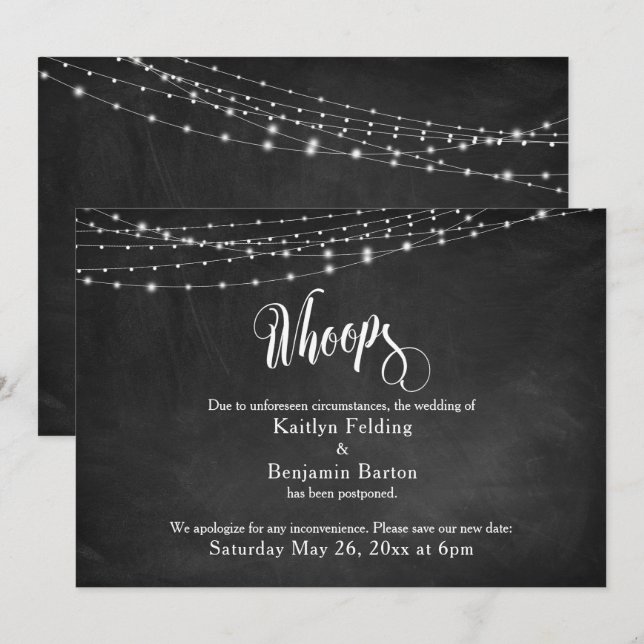 Chalkboard & Lights Hochzeit "Whoops" verschoben Einladung (Vorne/Hinten)