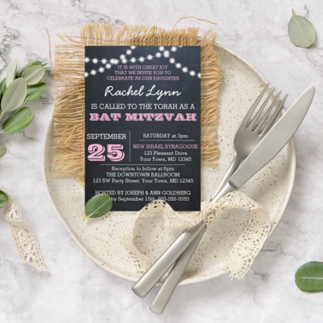 Chalkboard Lights Pink Bat Mitzvah Einladung (Von Creator hochgeladen)